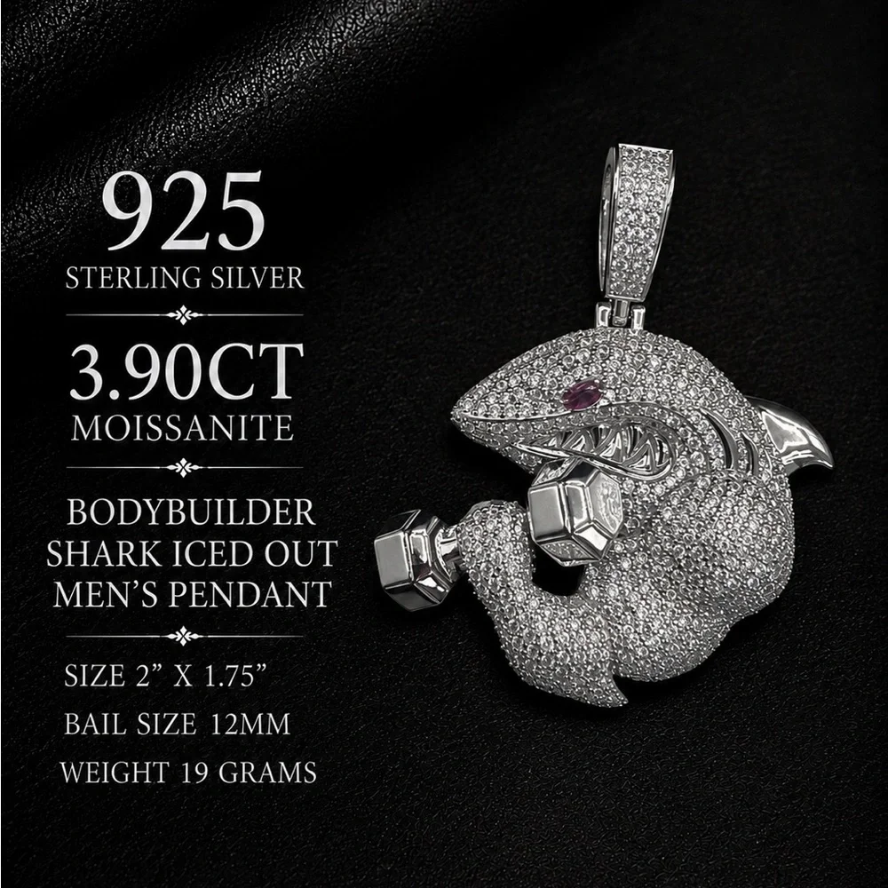 Iced Out Bodybuilder Shark Pendant - 925 Sterling Silver 3.90CT MOISSANITE